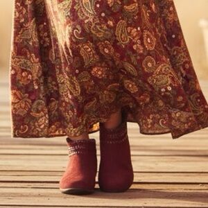 Boho Chic Wine Red Suede Boots - Western Style Woven Detail Ankle Booties 7.5
